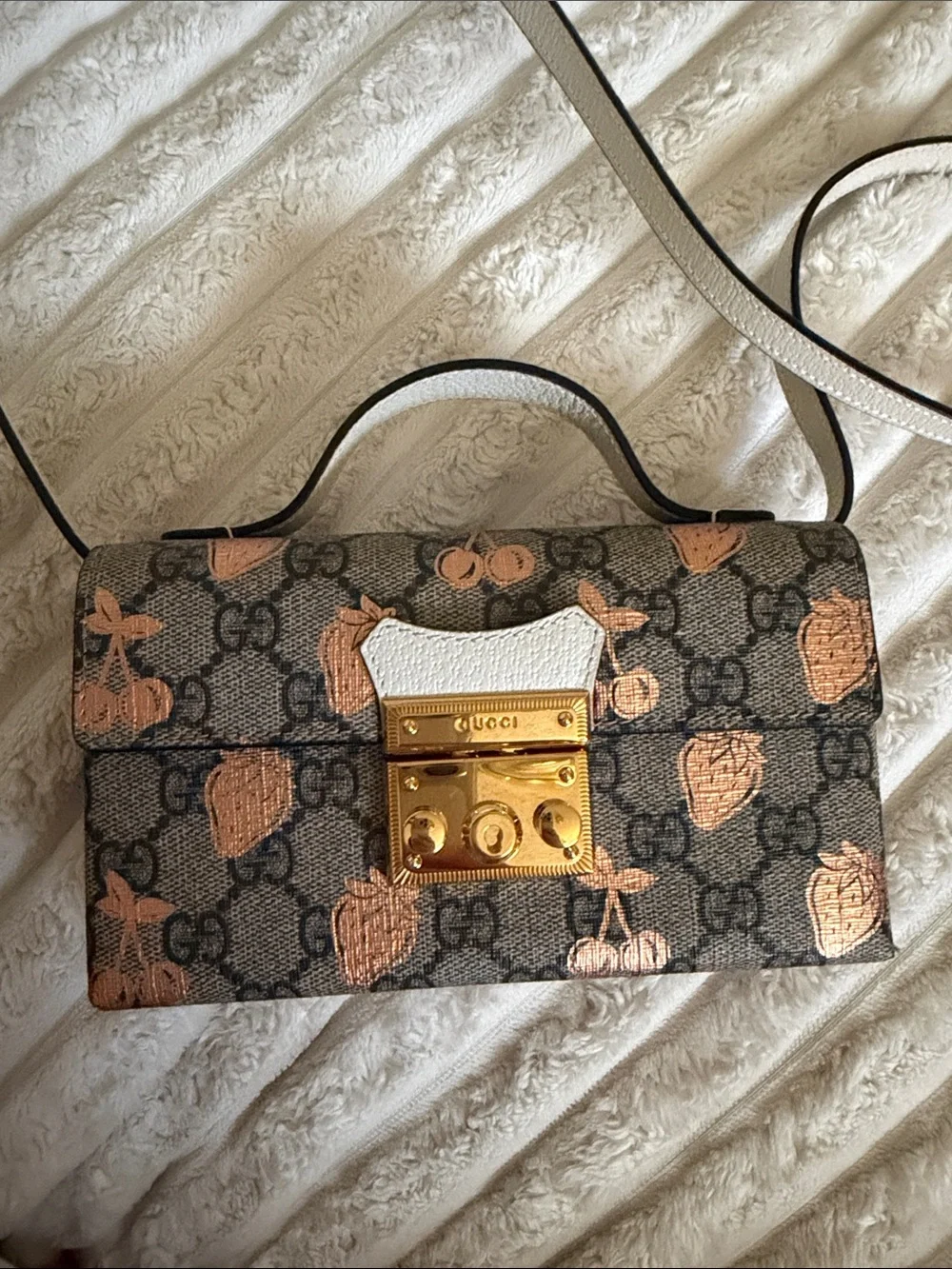 Gucci Beige Monogram Crossbody with Pink Metallic Strawberry Detail